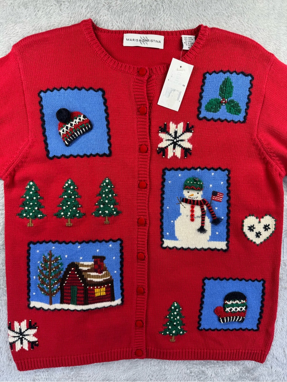 NWT Vintage Marisa Christina Christmas Snowman Patchwork Cardigan M - Picture 3 of 9